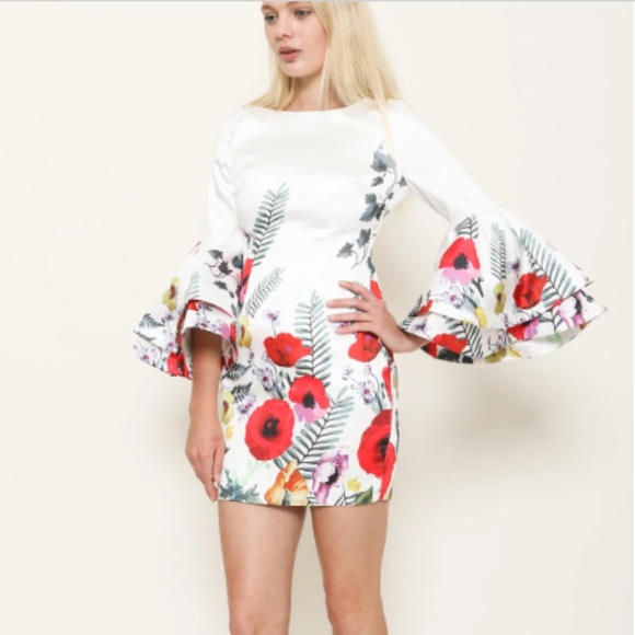 LATISTE White Floral Tiered Bell Sleeve Mini Dress - Picture 4 of 6
